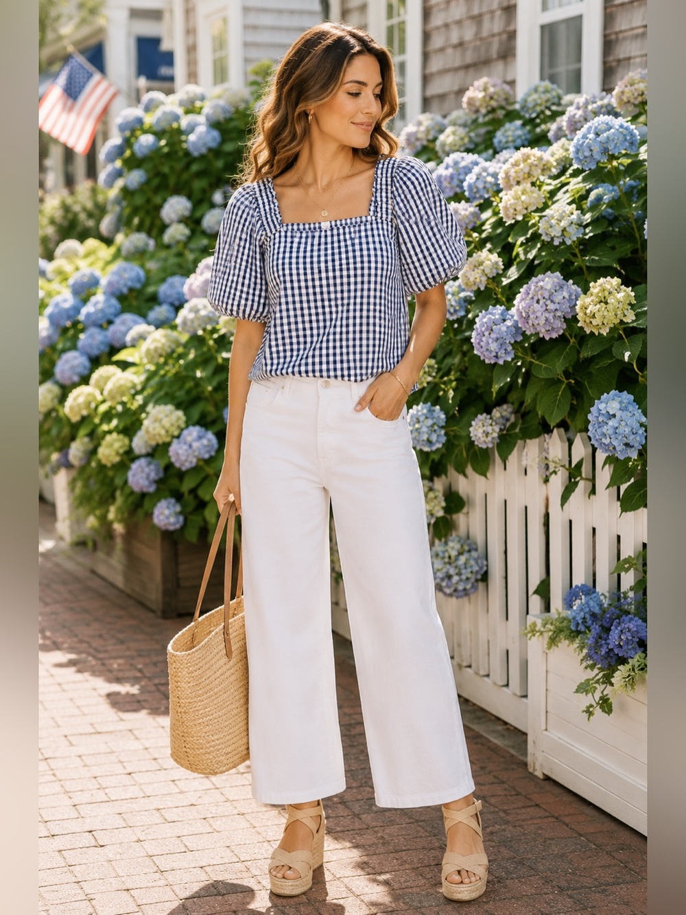 CeCe Blue & White Gingham Puff Sleeve Blouse | Cottagecore Coastal Chic Top